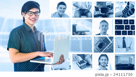 Composite image of smiling hipster businessman using tablet Composite image of smiling hipster businessman using tablet 24111730