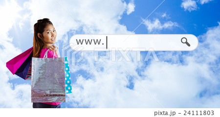Composite image of smiling asian woman with shopping bags 24111803