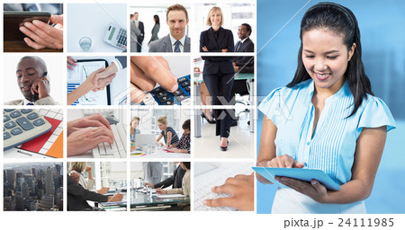 Composite image of smiling businesswoman using digital tablet  24111985