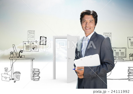 Composite image of confident estate agent standing at front door with clipboard Composite image of confident estate agent standing at front door with clipboard 24111992