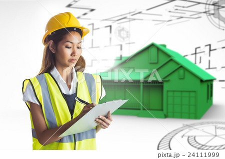Composite image of architect woman with yellow helmet and plans Composite image of architect woman with yellow helmet and plans 24111999