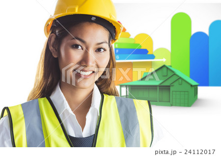 Composite image of architect woman with yellow helmet and plans Composite image of architect woman with yellow helmet and plans 24112017