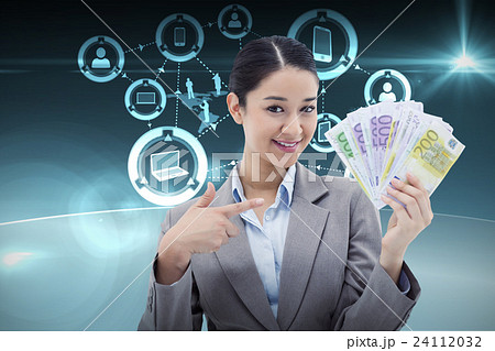 Composite image of smiling businesswoman holding bank notes 24112032