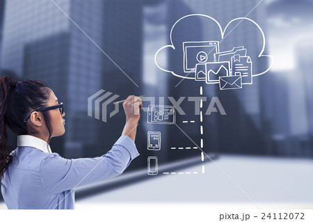 Composite image of businesswoman holding disposable cup and looking at wall with notes Composite image of businesswoman holding disposable cup and looking at wall with notes 24112072