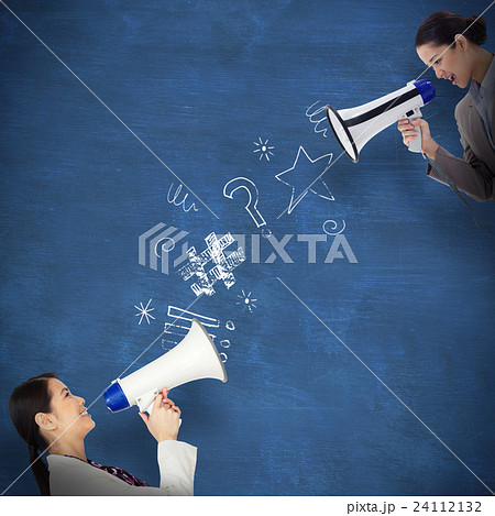 Composite image of portrait of a businesswoman shouting through a megaphone 24112132