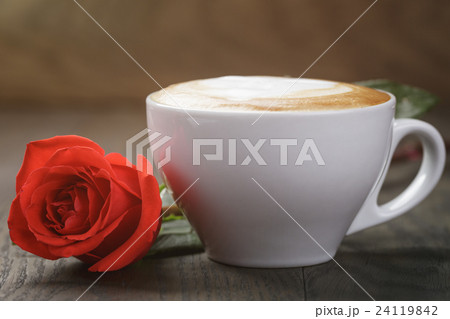 fresh cappuccino with red rose on wood table fresh cappuccino with red rose on wood table 24119842