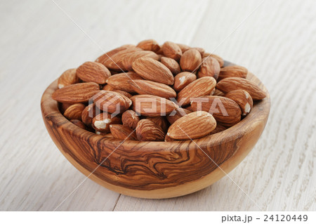 roasted almonds in bowl on white wooden table roasted almonds in bowl on white wooden table 24120449