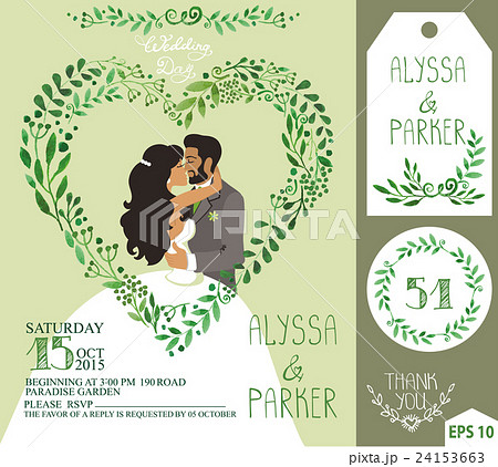 Wedding invitation.Green branches heart , kissing 24153663