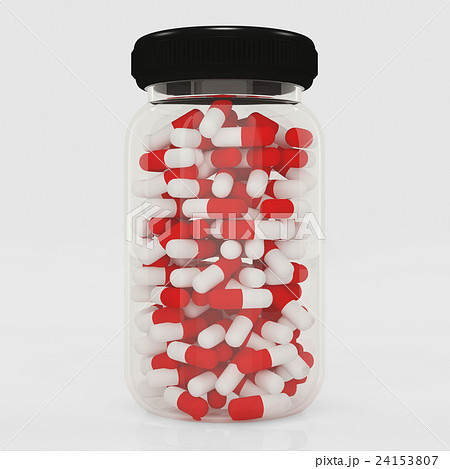 Medicine bottle with capsules on white background. 24153807