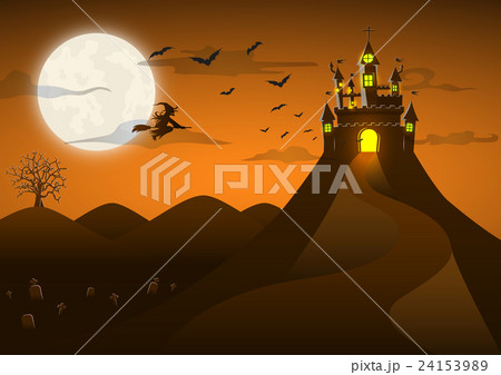 Spooky ghost castle on the hill with full moon 24153989