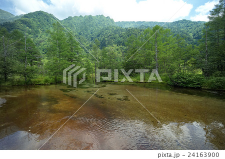 茶褐色の田代池を超広角撮影、上高地、長野県 24163900