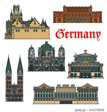 Travel guide thin line icon of german attractions Travel guide thin line icon of german attractions 24174006