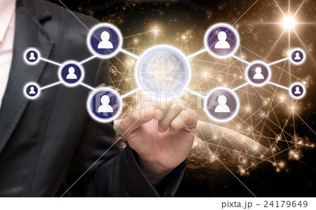 Businessman pointing or touching the Social media symbol on Internet network concept background,Elements of this image furnished by NASA, Business network concept 24179649