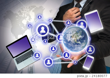 Businessman with show hand posture with the Social media and technology devide on blurred building background, Elements of this image furnished by NASA, Business network concept Businessman with show hand posture with the Social media and technology devide on blurred building background, Elements of this image furnished by NASA, Business network concept 24180077