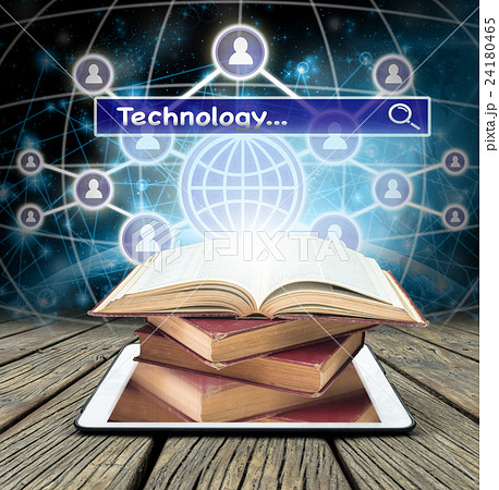 The old books over tablet with browsing of Internet searching "Technology" bar on Internet network concept background, Elements of this image furnished by NASA, Internet network concept background 24180465