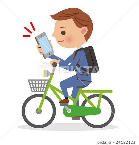スマホを見ながら自転車を運転するビジネスマンのイラスト素材 スマホを見ながら自転車を運転するビジネスマンのイラスト素材