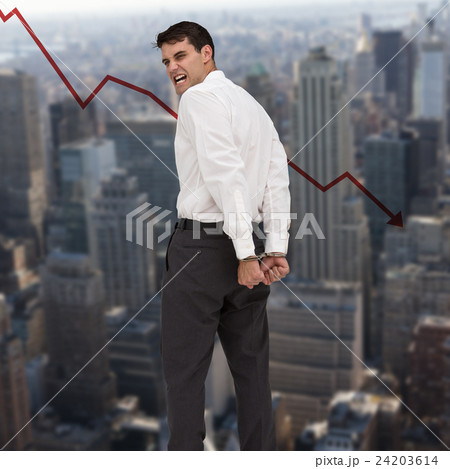 Composite image of rear view of young businessman wearing handcuffs Composite image of rear view of young businessman wearing handcuffs 24203614