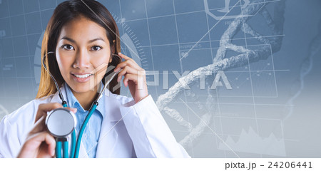 Composite image of asian doctor holding her stethoscope Composite image of asian doctor holding her stethoscope 24206441