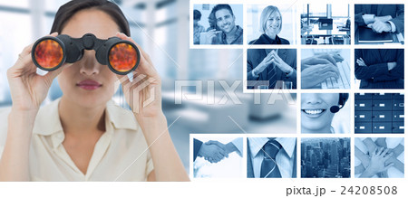 Composite image of closeup of a businesswoman looking through binoculars Composite image of closeup of a businesswoman looking through binoculars 24208508