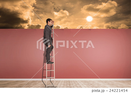 Composite image of happy businessman standing on ladder Composite image of happy businessman standing on ladder 24221454