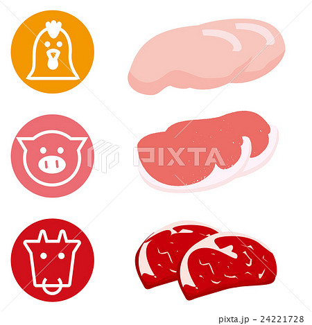 肉とアイコン3種 鶏肉 豚肉 牛肉 のイラスト素材