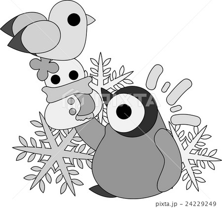 可愛い赤ちゃんペンギンとカモメと雪だるまの人形のイラスト素材