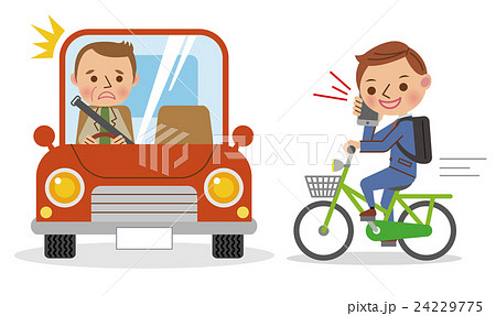 スマホをかけながら自転車を運転するビジネスマンと迷惑する自動車運転者のイラスト素材 スマホをかけながら自転車を運転するビジネスマンと迷惑する自動車運転者のイラスト素材