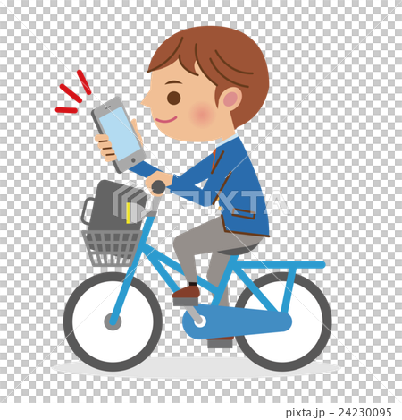 A male student driving a bicycle while watching a smartphone A male student driving a bicycle while watching a smartphone 24230095