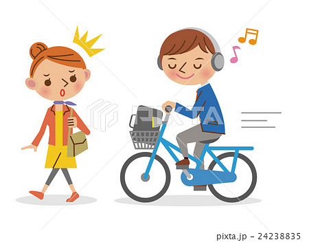 ヘッドフォンで音楽を聴きながら自転車を運転する男子学生と迷惑する女性のイラスト素材