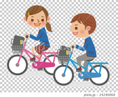 自転車で並走する男女学生のイラスト素材