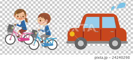 自転車で並走する男女学生と迷惑する自動車のイラスト素材