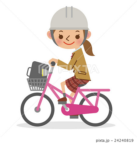 ヘルメットをかぶり自転車を運転する女子生徒のイラスト素材