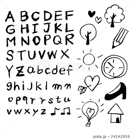 手書き チョークとクレヨンの素材 アルファベット大文字小文字 ひらめきのイラスト素材
