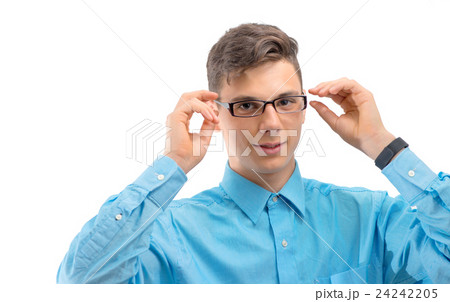 Teenager with new glasses on eyes isolated 24242205