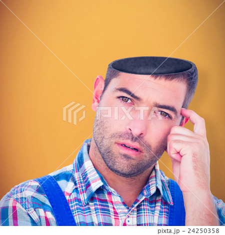 Composite image of portrait of confused manual worker scratching head 24250358