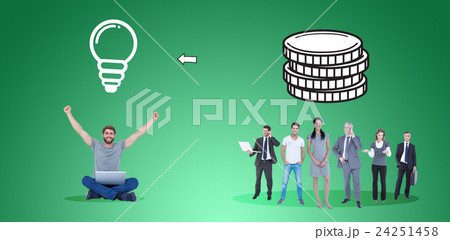 Composite image of happy handsome man cheering behind his computer Composite image of happy handsome man cheering behind his computer 24251458