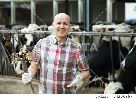 Mature worker with pitchfork in farmyard 24266367