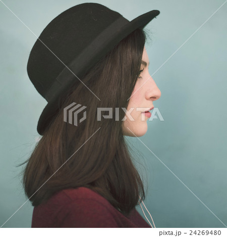 Profile Portrait Lady Wearing Hat Concept Profile Portrait Lady Wearing Hat Concept 24269480