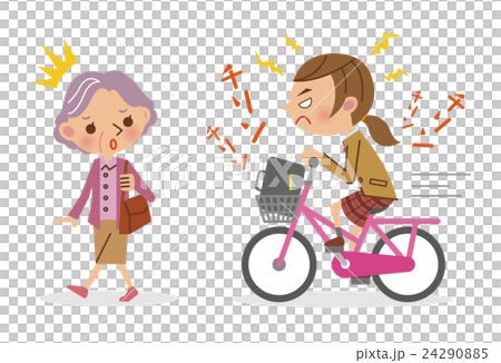 自転車のベルを鳴らす女子生徒と迷惑する老女 24290885