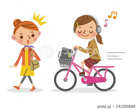ヘッドフォンで音楽を聴きながら自転車を運転する女子生徒と迷惑する女性のイラスト素材