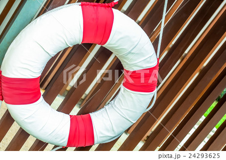 close up pool safety life ring on the lath wall 24293625
