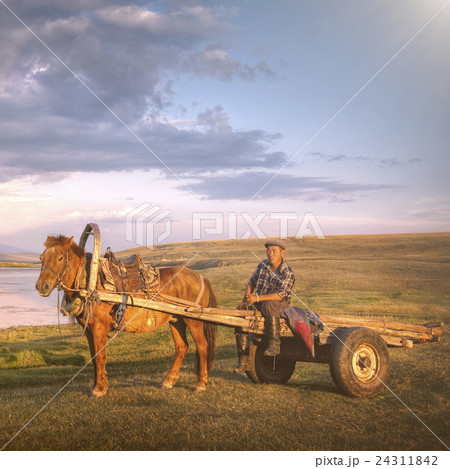 Horse Man Sitting On A Horse Cart In A Scenic View Of Nature Concept 24311842