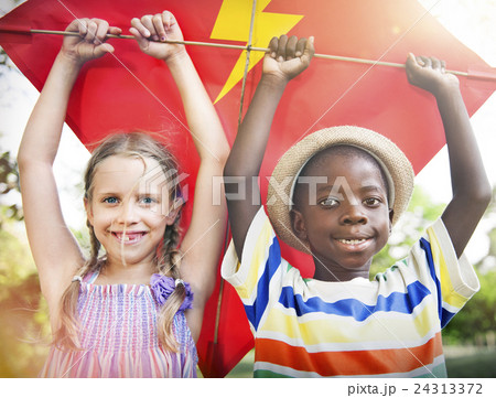 Children Friendship Togetherness Flying Kite Playful Concept 24313372