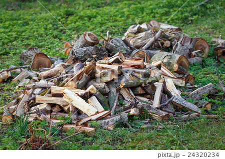 Stack of firewood on the grass Stack of firewood on the grass 24320234