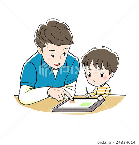 タブレット学習 男性と男の子 むずかしいのイラスト素材