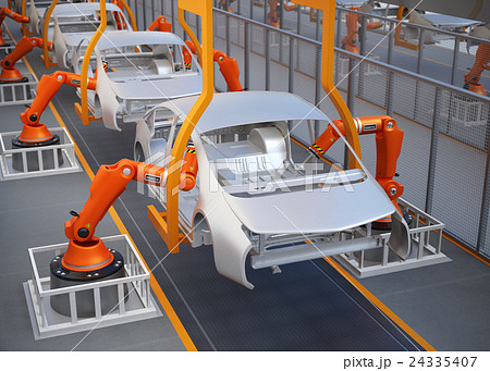 電気自動車の組立工場イメージ 3dレンダリング画像 のイラスト素材