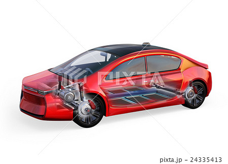 電気自動車のボディ フレーム トランスミッション バッテリーなどの構造イメージ のイラスト素材