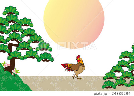 酉年の干支の鶏と日の出と松の木の横型イラスト年賀状テンプレートepsベクター素材のイラスト素材