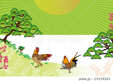 酉年の干支の鶏と日の出と松と梅の花のカラフルな横型イラスト年賀状テンプレートepsベクター素材のイラスト素材