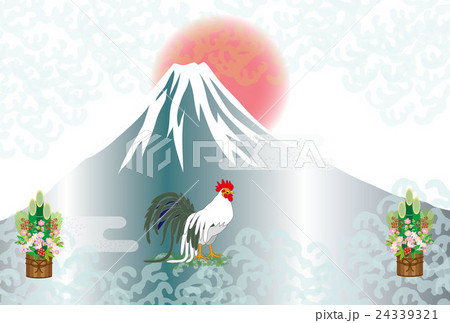 酉年の干支の鶏と日の出の富士山と門松の横型イラスト年賀状テンプレートepsベクター素材のイラスト素材